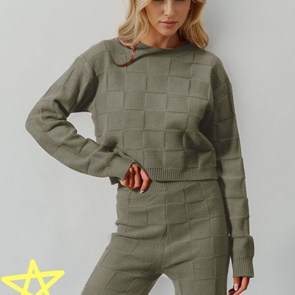 Double Take Full Size Checkered Round Neck Top Pants Beige Women's Knit Set sz L - Picture 3 of 5